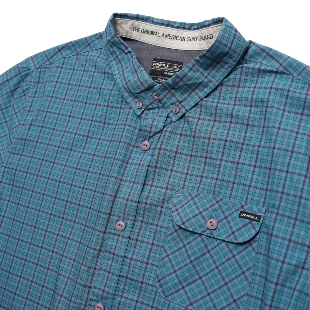 O'Neill Surf Shirt Mens XL Teal Plaid Short Sleeve Button Down Classic fit